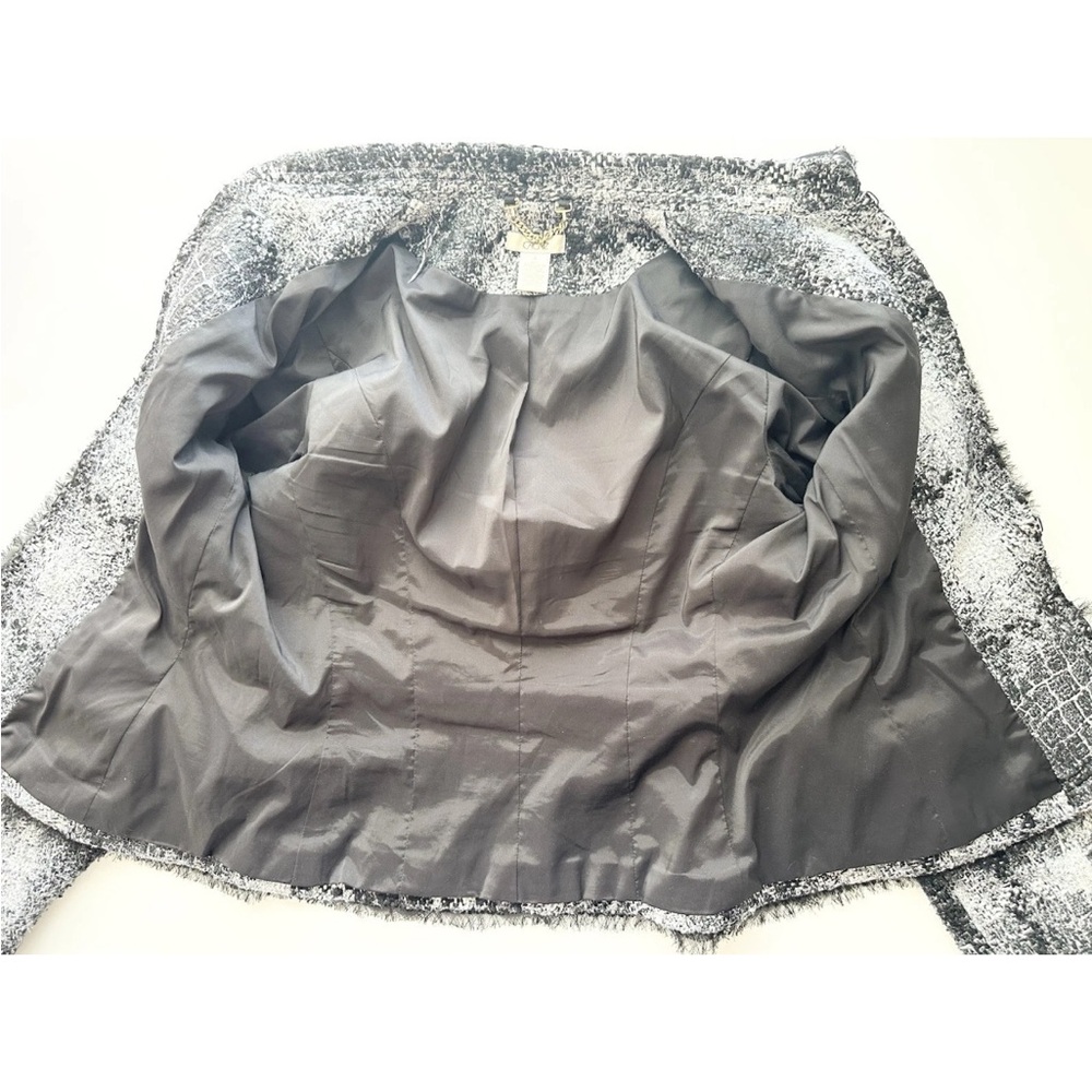Cache' 6 Tweed Blazer Lined Clasp Closure Chiffon Trim Black White Silver Flat - Picture 7 of 11